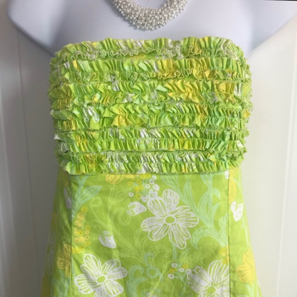 Lilly Pulitzer Green Yellow Ruffle Front Tie Back Strapless Dress size 6 in EUC - Picture 4 of 16